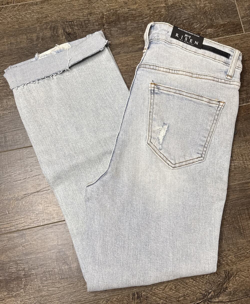 RISEN Jeans Mid-Rise Distressed Straight Women Size 9 Blue RDP1431 Frayed NEW